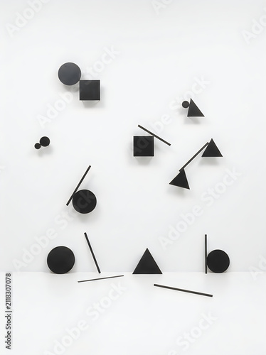 Abstract geometric composition with black shapes on bright white wall geometric abstract teaching
