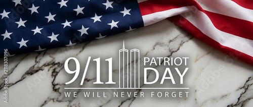 Patriot day commemoration honoring 9/11 attacks with american flag and twin towers symbol, we will never forget remembrance day.