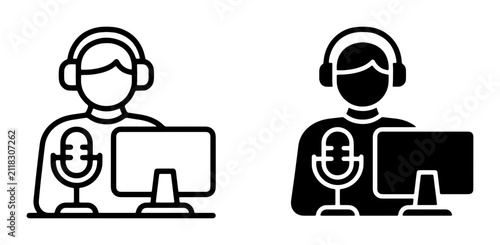 Foto Podcaster, Streamer, and Broadcaster Icon Set: Microphone, Headphones, Computer, Person