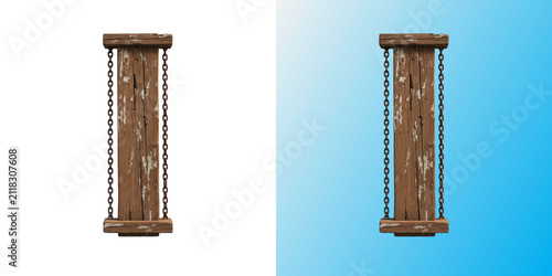 Wooden letter I with metal chains in transparent background
