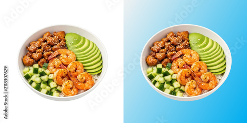 Shrimp poke bowl with chicken and avocado in transparent background