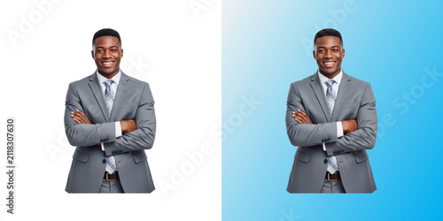 Confident businessman in transparent background smiling with arms crossed