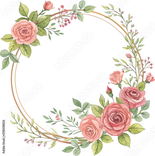Elegant Watercolor Pink Rose Floral Wreath with Golden Circle Frame on White Background 2026