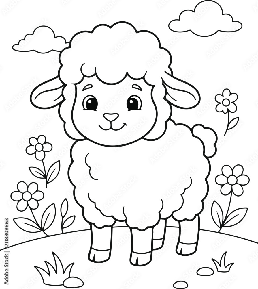Obraz premium Cute cartoon sheep standing in a meadow with flowers and clouds