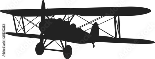 Foto Vintage biplane silhouette vector illustration, classic propeller airplane from