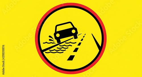 Slippery road traffic sign. Warning symbol for wet pavement and driving hazards.