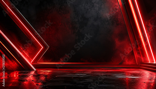 Futuristic Dark Stage with Red Neon Geometric Frames and Smoke on Reflective Wet Floor Background