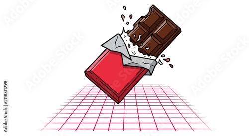 Obraz na plátně Bitten dark chocolate bar in red wrapper over grid