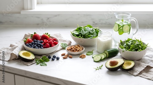 Healthy Fresh Ingredients for Keto Diet Including Berries Spinach Avocado Nuts and Cucumber Water