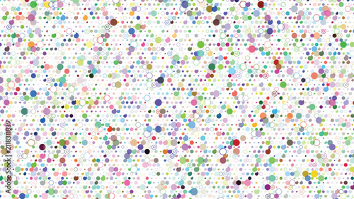 A whimsical arrangement of small colorful dots and swirling spiral shapes creating a vibrant abstract pattern on white