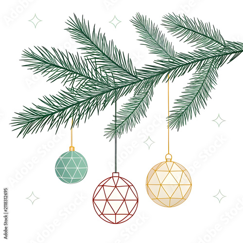 Christmas tree branch with geometric ornaments hanging during festive season isolated on transparent background