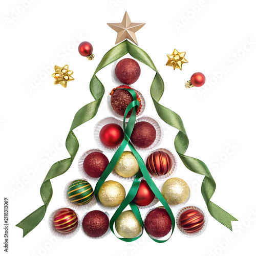 Christmas tree assembled with baubles and green ribbon during festive season isolated on transparent background