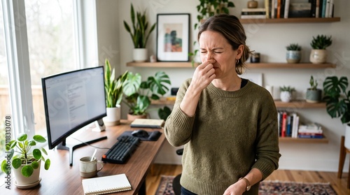 Woman Bothered by Poor Indoor Air Quality Pinching Her Nose in a Modern Workspace at Home