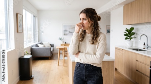 Worried Young Woman Pinching Her Nose After Noticing a Suspicious Bad Smell at Home