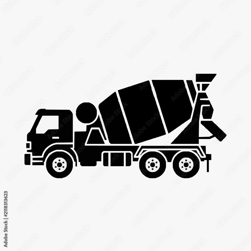 Fototapeta premium Minimalist Black and White of a Concrete Mixer Truck with Chassis and Cabin with high quality professional line art symbols for modern creative design and digital branding projects