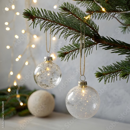 Clear Christmas ornaments with glittering snow inside hanging on a pine branch with bokeh lights