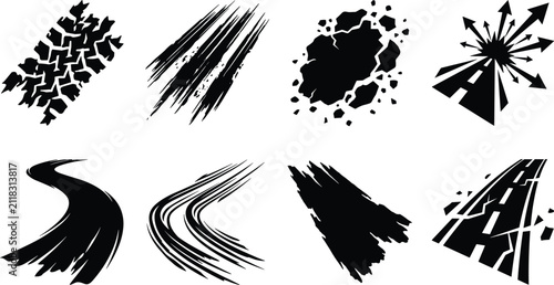 Bild auf Leinwand Set of black cracked ground textures, shattered road elements, and dynamic speed