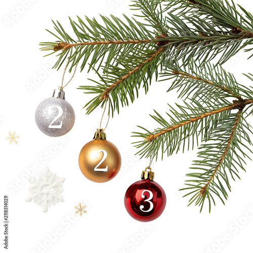 Christmas tree branch with numbered ornaments and snowflakes during winter holiday season Isolated on transparent background