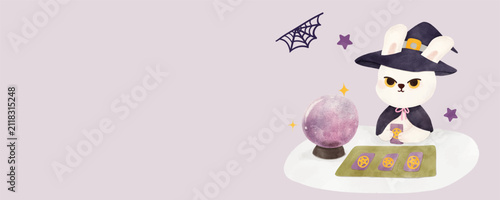 Bild auf Leinwand Halloween Banner Cute Witch Rabbit Fortune Teller with Crystal Ball Tarot Cards