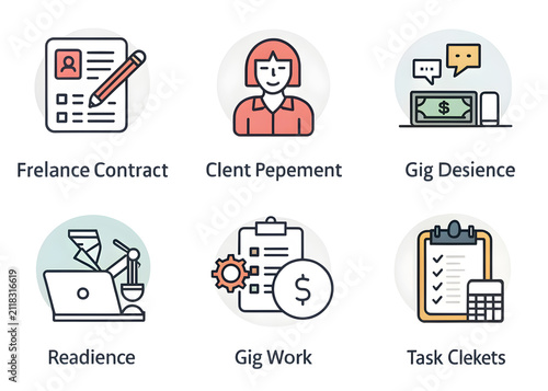 Collection of modern flat icons representing business concepts like freelance contract and client payment isolated on transparent background