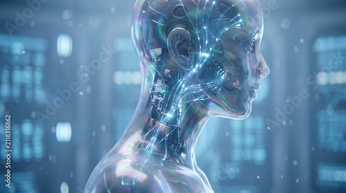 A wider, more atmospheric interpretation that emphasizes the emotional and transcendental nature of the AI's existence through soft lighting and anamorphic distortion.