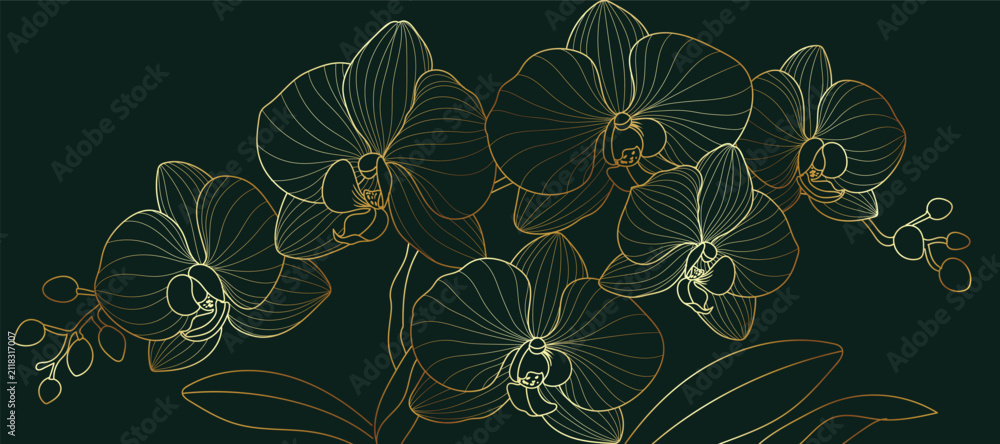 Obraz premium Luxury golden Orchid flower line art background vector. Natural botanical elegant flower with gold line art. Design illustration for decoration, wall decor, wallpaper, cover, banner, poster, card.