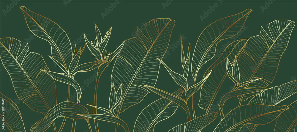 Obraz premium Botanical line art background vector. Natural botanical elegant flower with gold line art. Design illustration for decoration, wall decor, wallpaper, cover, banner, poster, card.