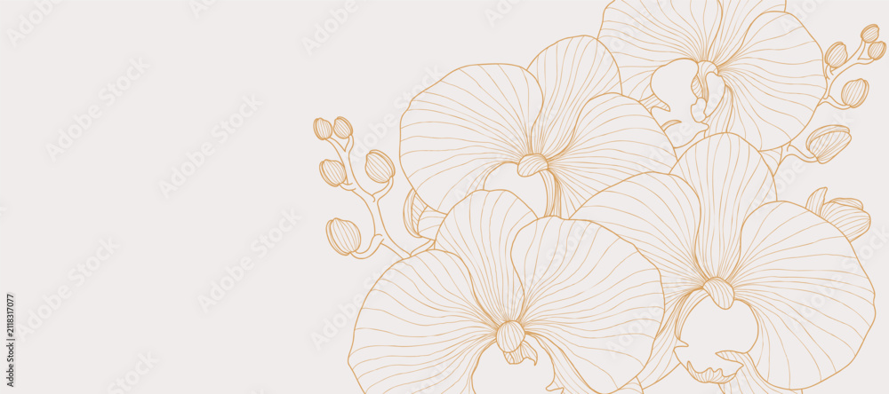 Obraz premium Luxury golden Orchid flower line art background vector. Natural botanical elegant flower with gold line art. Design illustration for decoration, wall decor, wallpaper, cover, banner, poster, card.