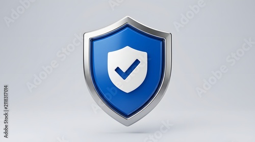 A 3d rendered blue shield icon with a white checkmark symbol representing digital security and protection