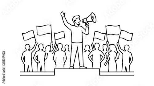 Protester Leading Crowd with Megaphone Line Art Vector Illustration