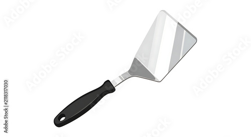 Metal kitchen spatula with black handle. Isolated turner for cooking and flipping food.