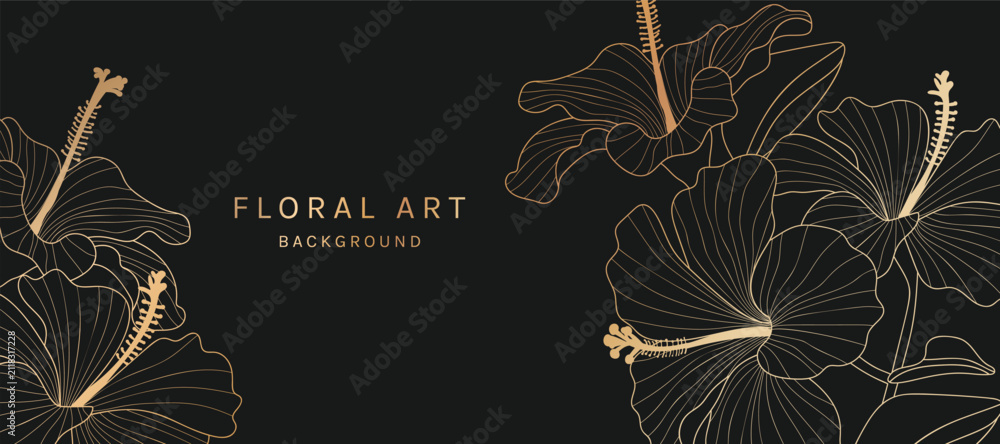 Fototapeta premium Botanical line art background vector. Natural botanical elegant flower with gold line art. Design illustration for decoration, wall decor, wallpaper, cover, banner, poster, card.
