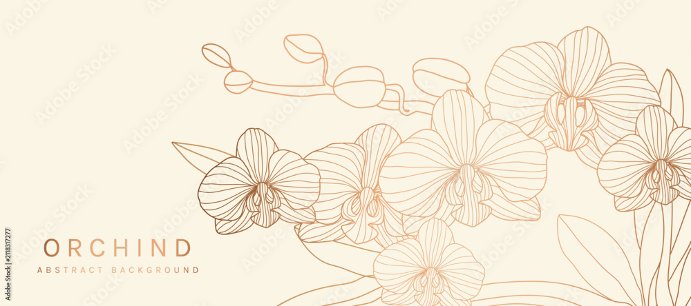 Obraz premium Luxury golden Orchid flower line art background vector. Natural botanical elegant flower with gold line art. Design illustration for decoration, wall decor, wallpaper, cover, banner, poster, card.