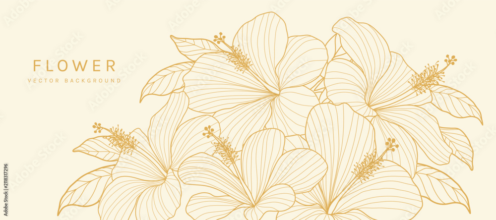 Naklejka premium Botanical line art background vector. Natural botanical elegant flower with gold line art. Design illustration for decoration, wall decor, wallpaper, cover, banner, poster, card.
