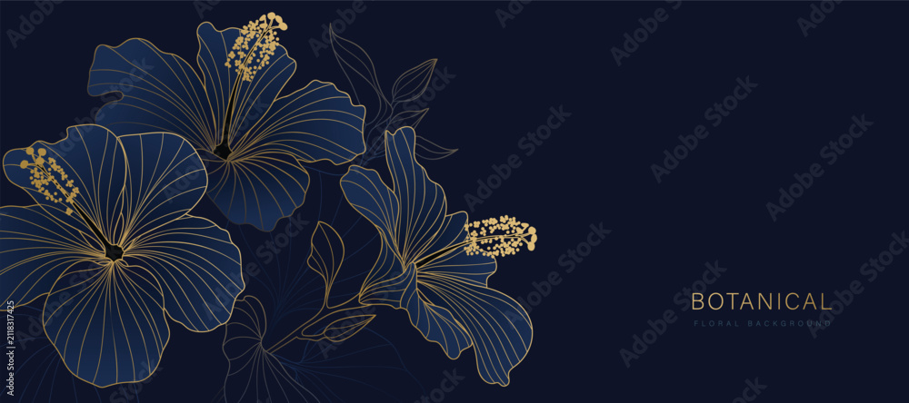 Obraz premium Botanical line art background vector. Natural botanical elegant flower with gold line art. Design illustration for decoration, wall decor, wallpaper, cover, banner, poster, card.