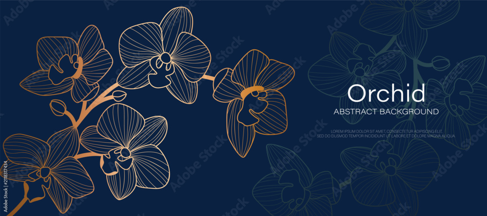 Obraz premium Luxury golden Orchid flower line art background vector. Natural botanical elegant flower with gold line art. Design illustration for decoration, wall decor, wallpaper, cover, banner, poster, card.