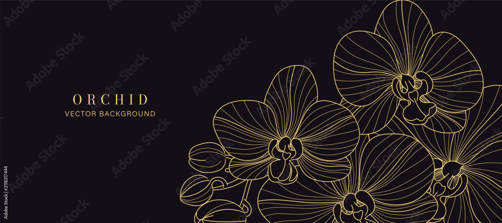Obraz premium Luxury golden Orchid flower line art background vector. Natural botanical elegant flower with gold line art. Design illustration for decoration, wall decor, wallpaper, cover, banner, poster, card.