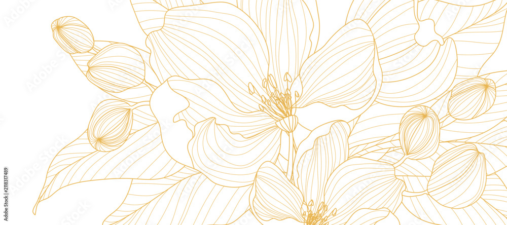 Obraz premium Botanical line art background vector. Natural botanical elegant flower with gold line art. Design illustration for decoration, wall decor, wallpaper, cover, banner, poster, card.