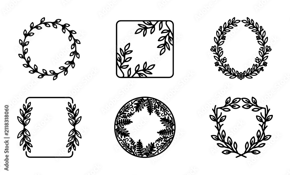 Fototapeta premium Botanical Vector Frames, Decorative Leaf Wreaths and Borders, Organic Floral Design Elements, Elegant Nature-Inspired Accents