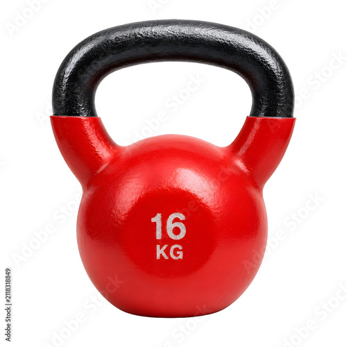 Red 16 Kilogram Kettlebell Isolated on White Background, Strength Training Fitness Equipment Studio Photography