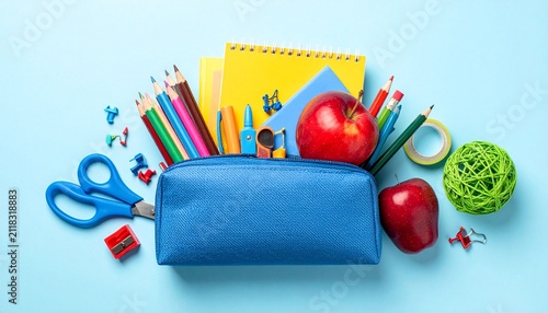 Blue pencil case with colorful school supplies.
