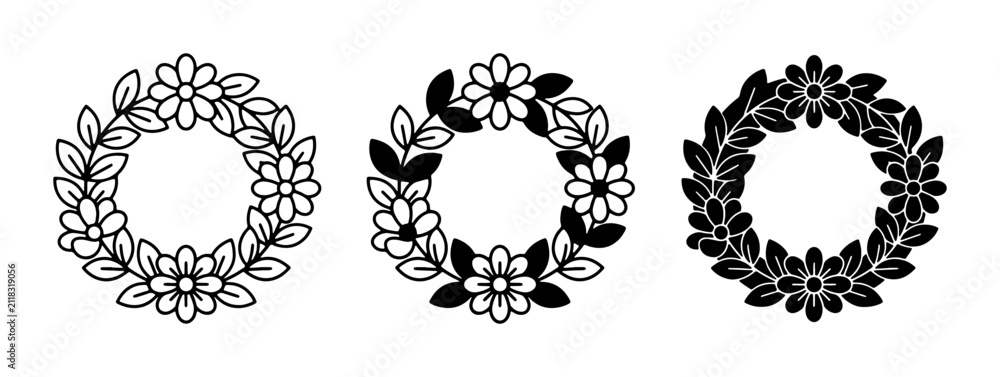 Fototapeta premium Floral Wreath Vector Set, Decorative Flower and Leaf Circles, Elegant Botanical Frames for Design Projects
