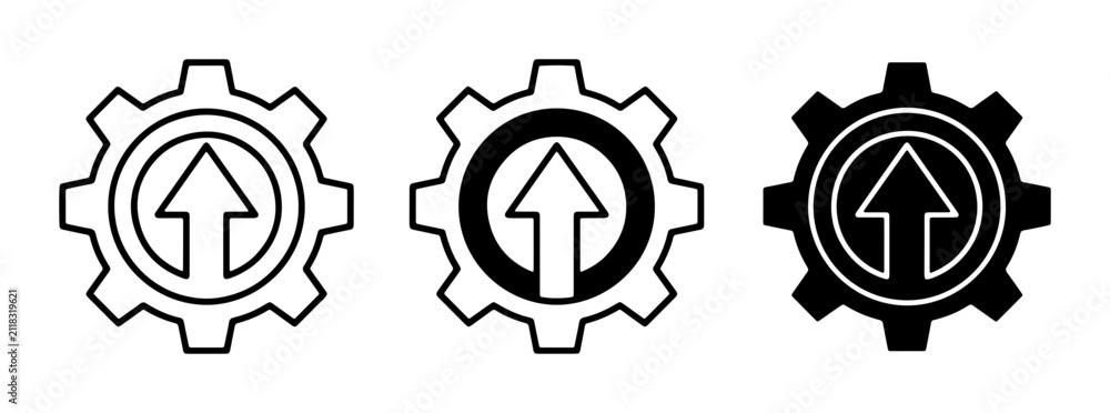 Fototapeta premium Gear Icons with Upward Arrow, Set of 3, Progress and Growth Symbols, Industrial and Business Concepts, Vector Graphics