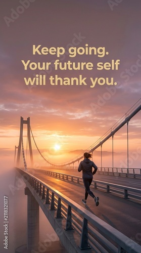 A Determined Female Runner Jogging Along A Misty Suspension Bridge Toward A Radiant Golden Sunrise