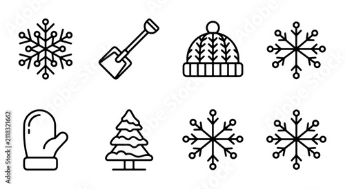 Foto Winter Icons Collection: Snowflakes, Mittens, Beanie Hat, Shovel, Christmas Tree