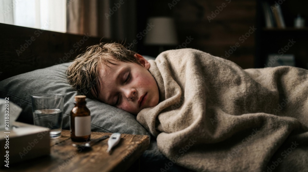 Obraz premium Child Sleeping Comfortably While Ill and Resting Under Blanket