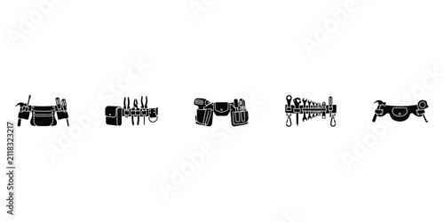 Set of tool belts and utility pouches silhouettes for construction and maintenance work featuring various pockets and equipment holders