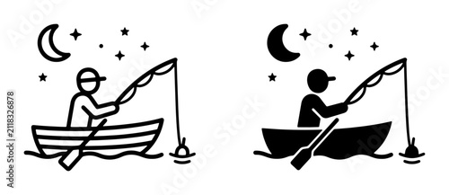 Foto Night Fishing Icons, Fisherman in Boat Under Moon and Stars, Silhouette and Outl