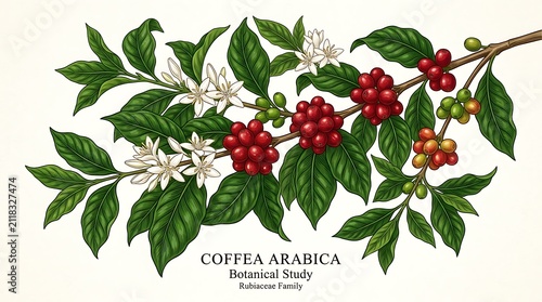 Coffee Arabica Branch with Ripe Red Berries and White Blossoms, Botanical Illustration for Beverage Industry and Agriculture