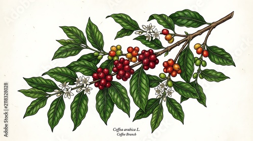Coffee Branch with Ripe Red Berries and White Blossoms, Botanical Illustration of Coffee Plant for Beverage Industry and Agriculture